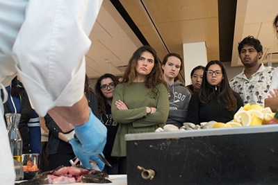 Students watch a fish being prepared