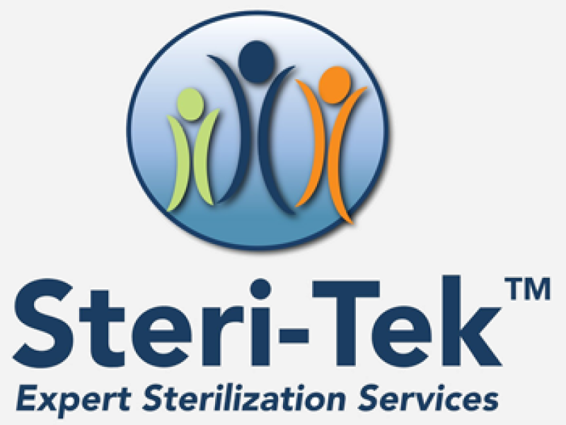 Steri-Tek words with a circle and 3 people inside of it, with the words "Expert Sterilization Services" underneath the "Steri-Tek" words.