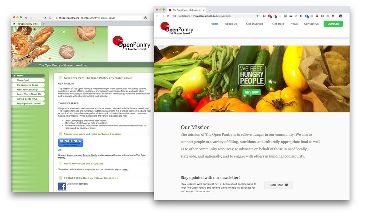 Open Pantry of Greater Lowell website redesign (original, redesigned with WordPress) by Steve Simoes