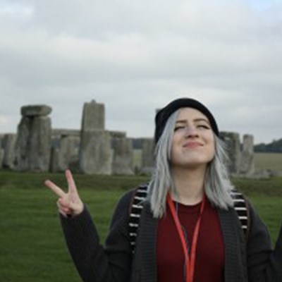 UMass Lowell student at Stonehenge in England