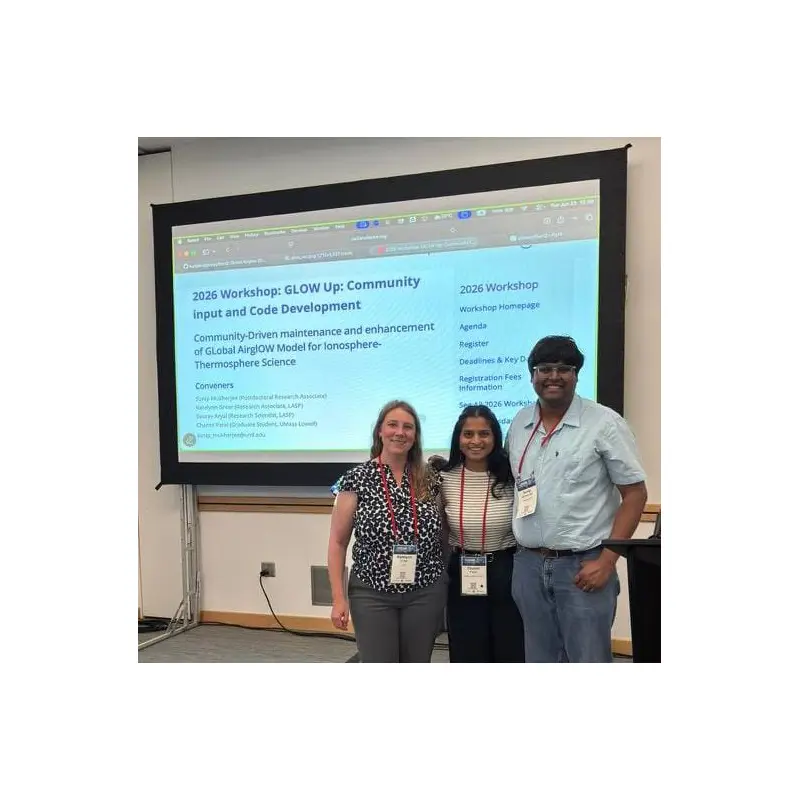 Sunip, Charmi, and Katelyn standing together in front of a projector at CEDAR 2026 Conference. 