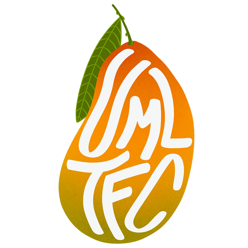 A mango with A leaf With white text cut out of "TFC" (The Filipino Club)