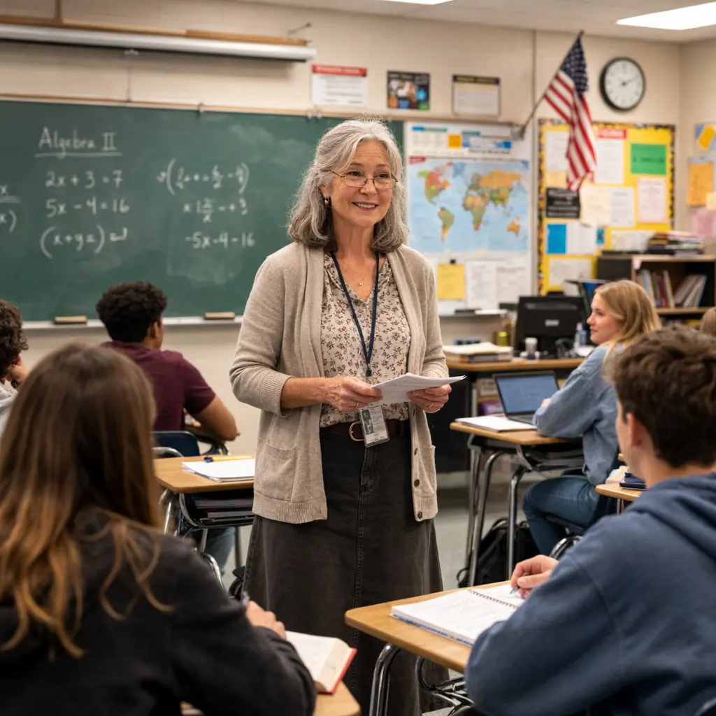 Teacher guiding her students through lesson in a classroom