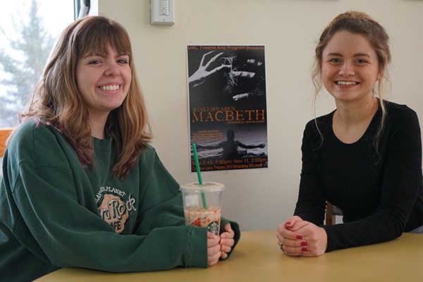 UML Theatre Arts interns Rachael Bergeron, left, who works in tech, and Hayley Jasmin, right, who does publicity for shows.