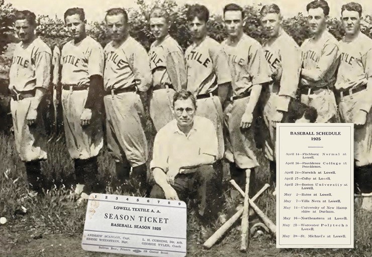 Black and white photo of 1920 UML baseball team, ticket and schedule