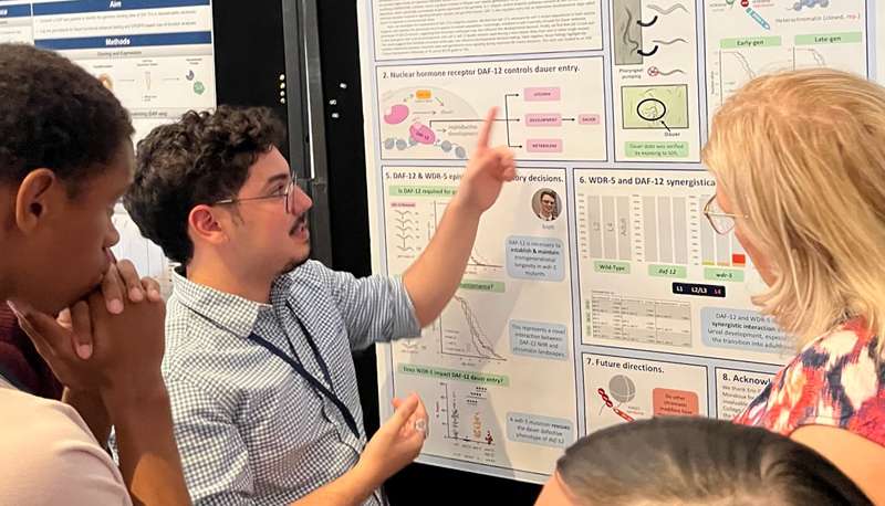 Thiago Borges points to a research poster as others look on.