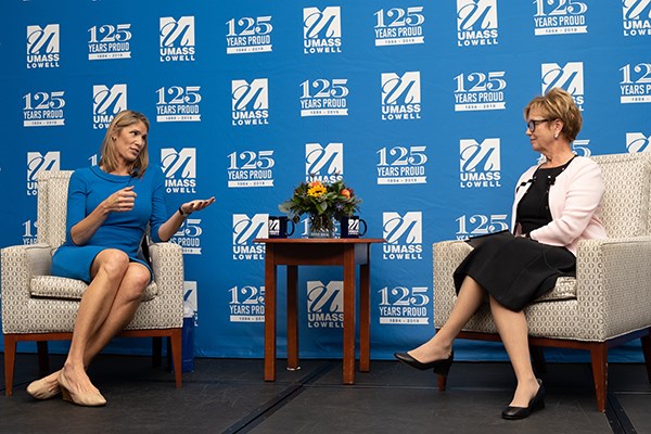 U.S. Rep. Lori Trahan spoke with UMass Lowell Chancellor Jacquie Moloney as part of the Moses Greeley Parker Lectures