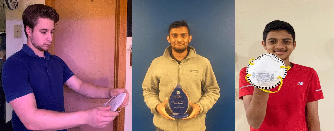 Justin Marcouillier looking at a face mask, Siddhant Iyer posing with the blue Rist Campus Wide DifferenceMaker trophy, and Pranav Ramaswamy holding a prototype of the N95 face mask with the TrueFIT technology.