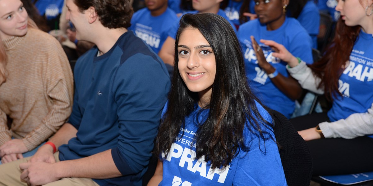 Twisha Mohapatra in the audience during Oprah Winfrey's visit to UMass Lowell.