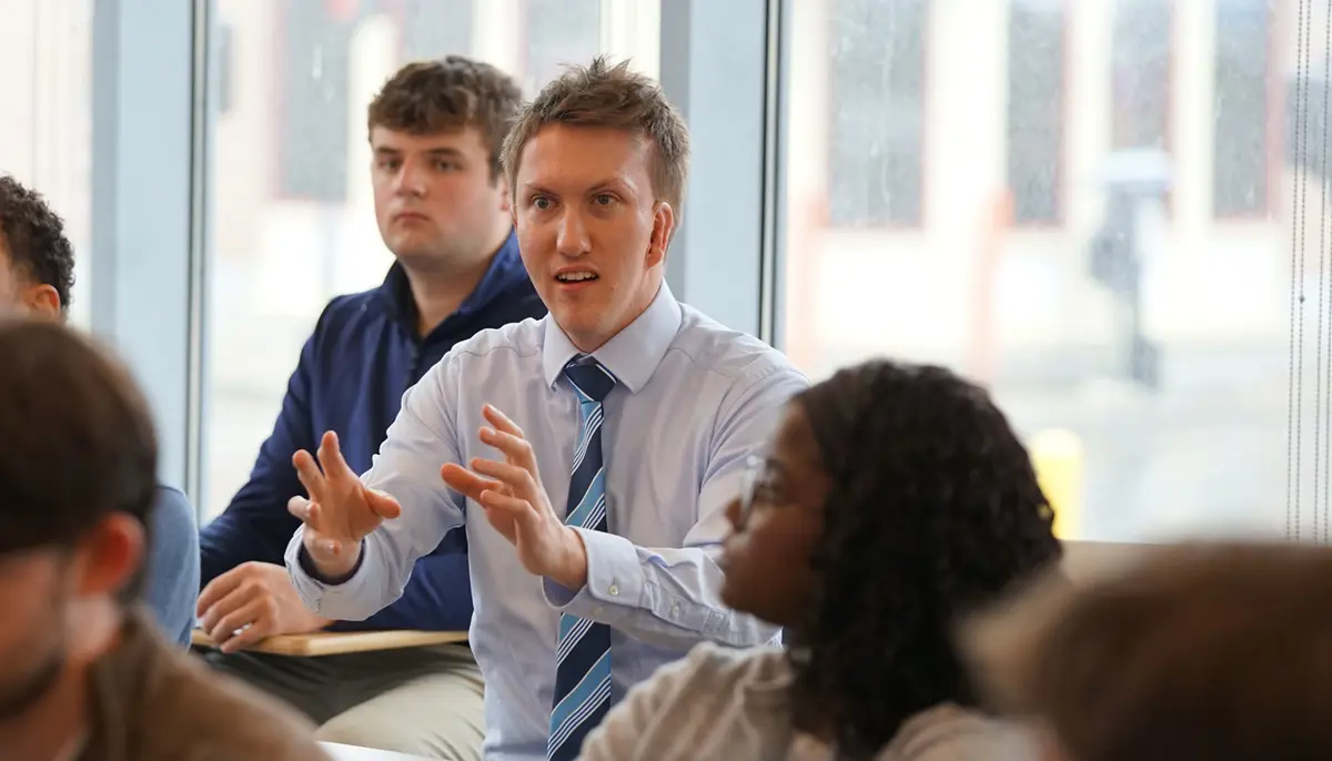 Tyler Fleming in a UMass Lowell classroom.