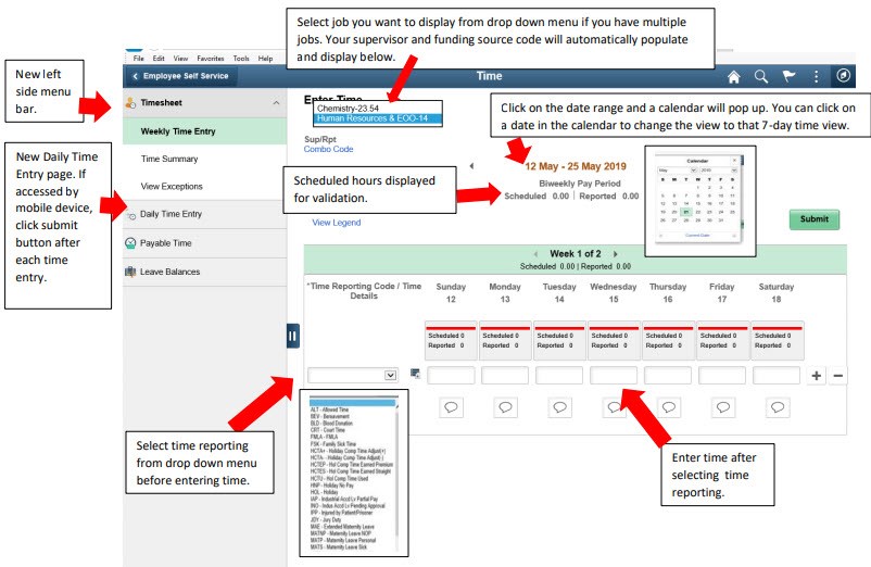 HR Direct screen grab showing: If you have multiple jobs, access a drop-down menu under the Enter Time prompt in the upper left corner of the page. Click on the job you want to display for the functions you are performing. Also, when you access other sections of Employee Self Service, such as, Payable Time or Leave Balances, confirm you’re in the correct job for the time entry functions.