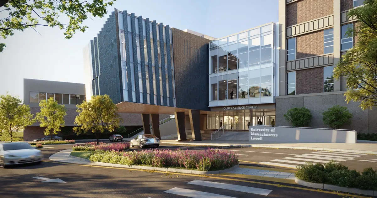A rendering of a new wing to a college science building.