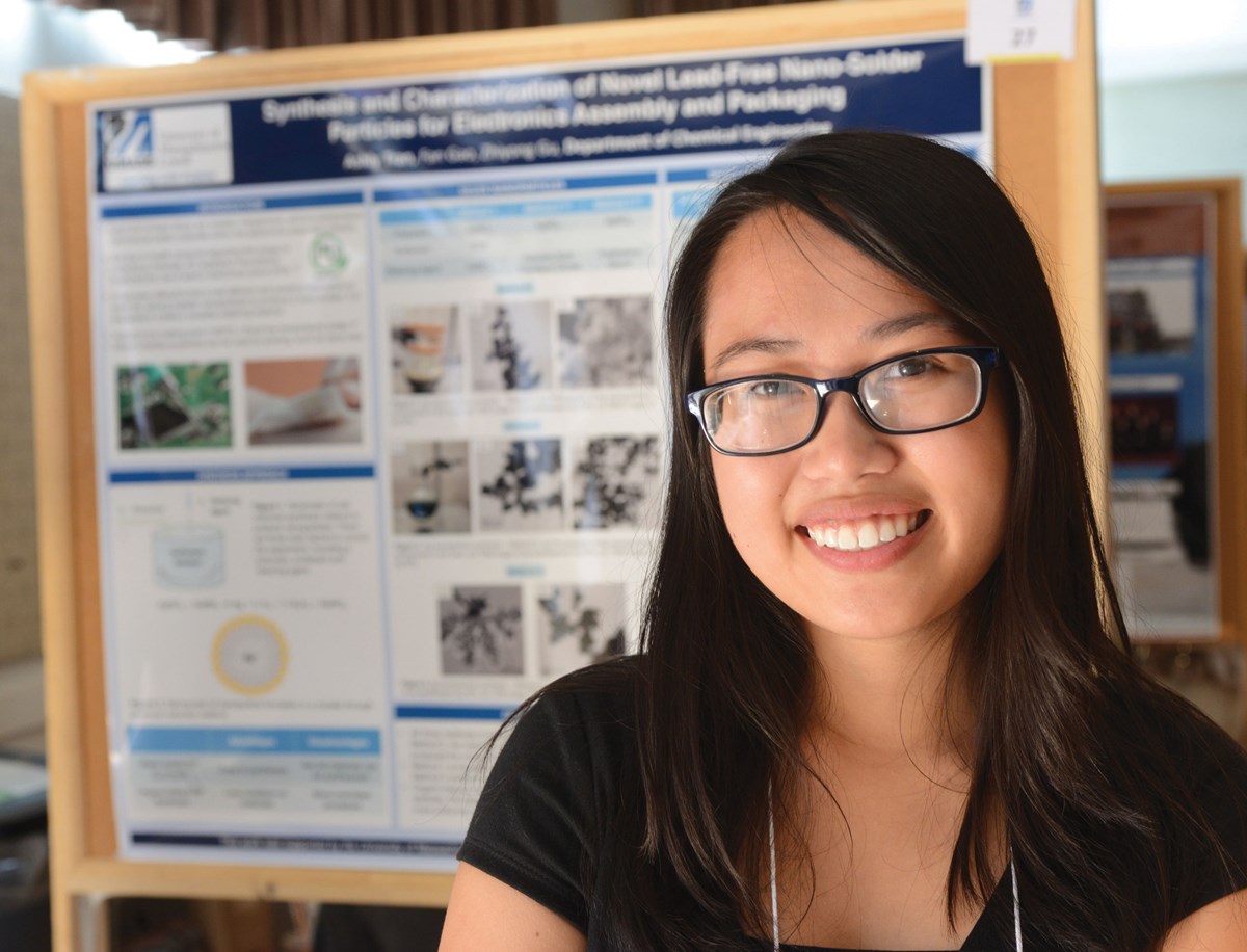 UMass Lowell Co-op Scholar Ashly Tran standing in front of research poster