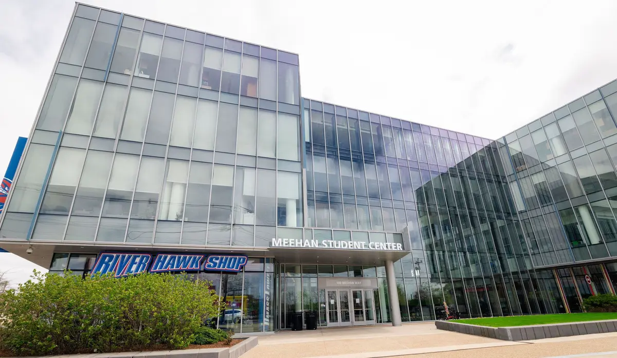 Front of the Meehan Student Center at UMass Lowell, which houses the River Hawk Shop bookstore