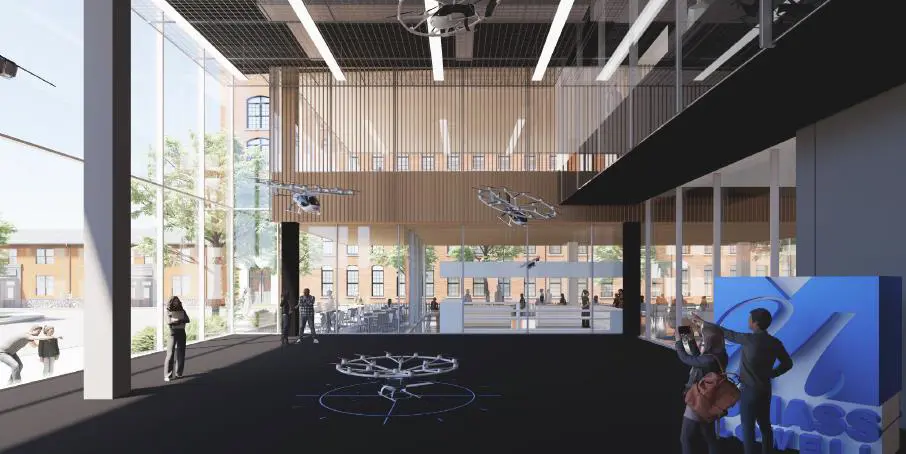Drones flying around a lobby of rendering of UML Industry building