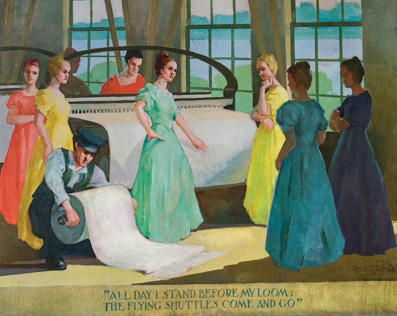 Mural of mill girls in UMass Lowell's Coburn Hall
