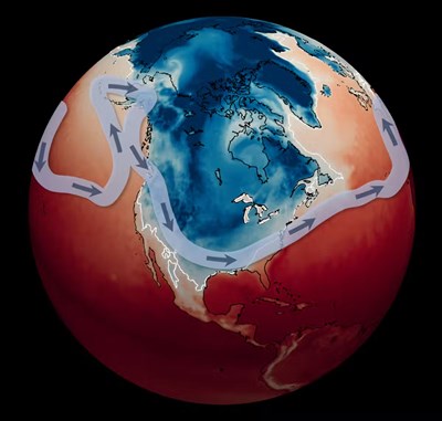 Surface temperatures at 7 a.m. EST on Jan. 16, 2024. Temperatures below freezing are in blue; those above freezing are in red. The jet stream is indicated by the light blue line with arrows. Mathew Barlow/UMass Lowell, CC BY
