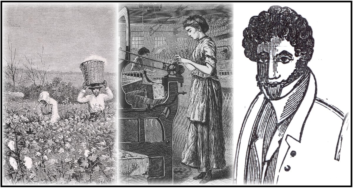 Line drawings of slaves in cotton field, mill girl at loom and a H.W. Foster advertisement.