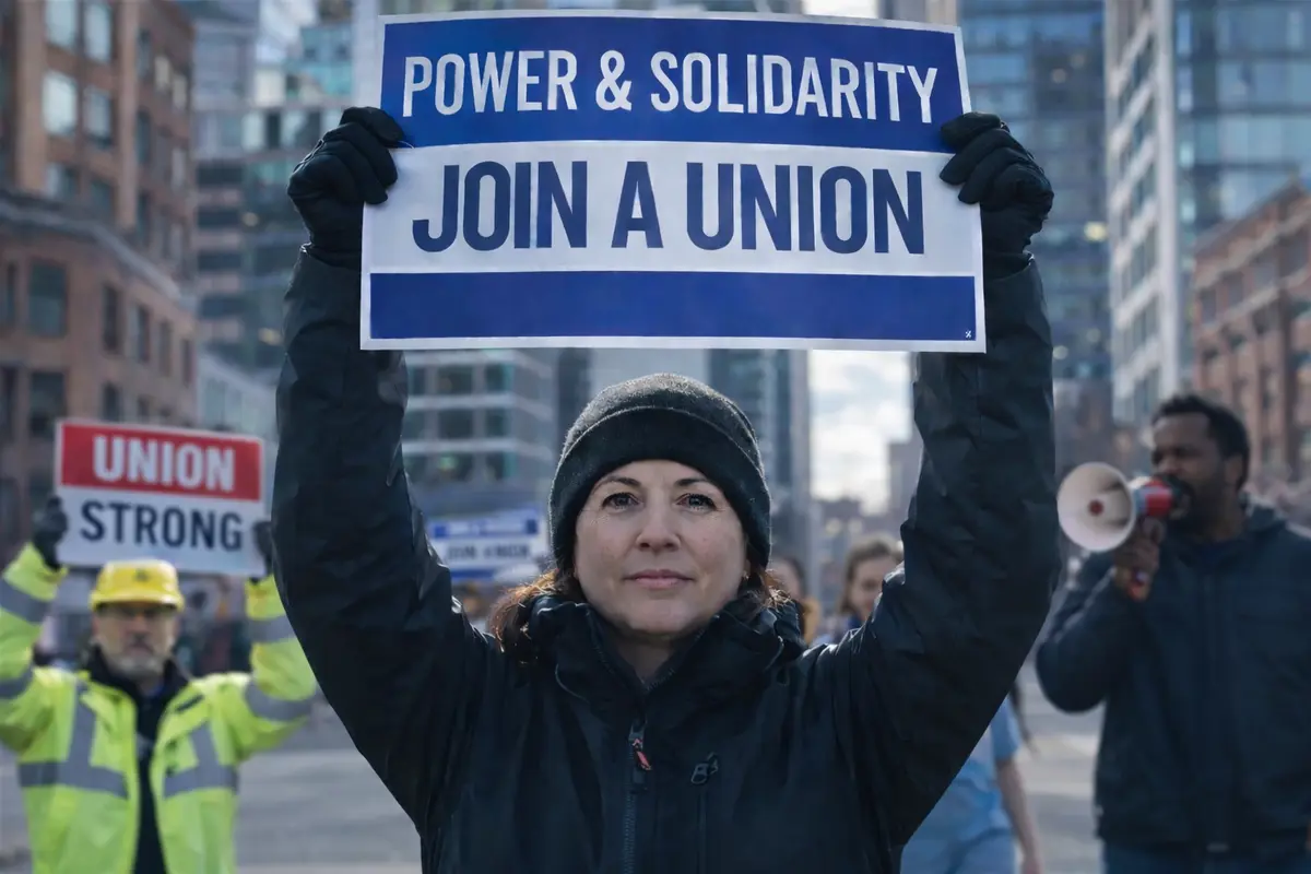 A union worker holding a sign alongside other union workers.