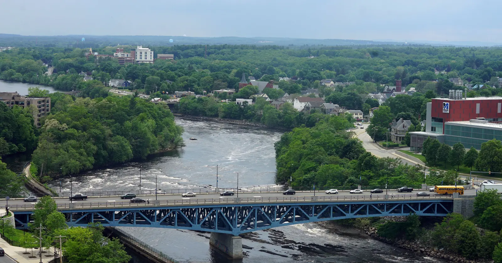 aerial of university ave bridge across merrimack river in lowell