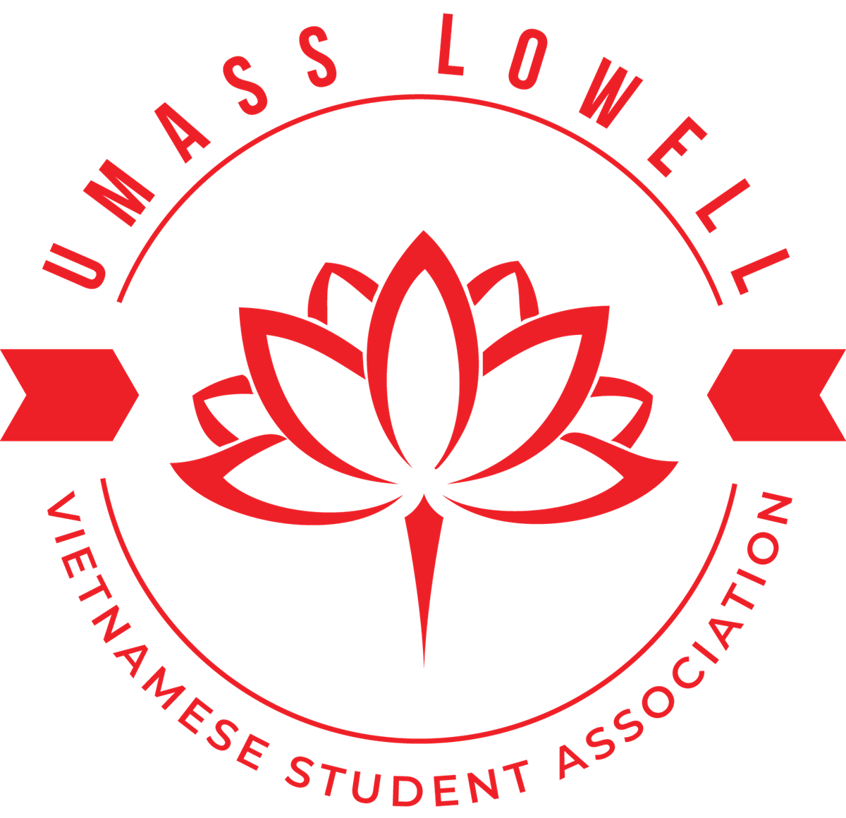 In All red, Top Curved: UMass Lowell letters, bottom Curved: Vietnamese Student Association, middle: a lotus flower