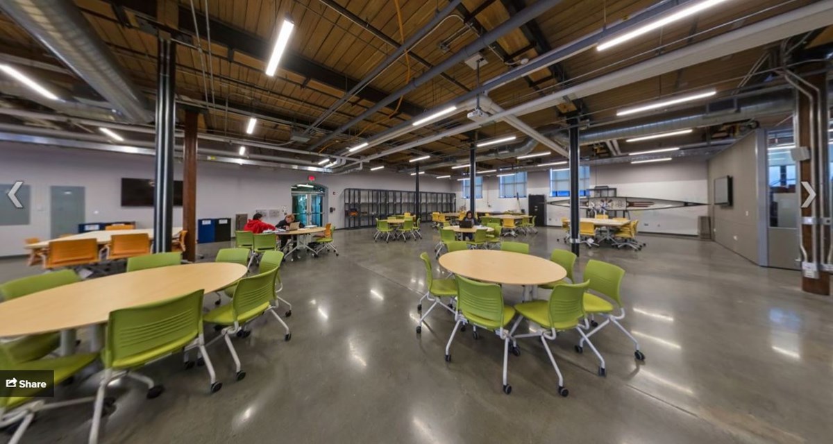 Tables and equipment in UMass Lowell's Lin Makerspace