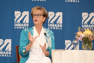 Outgoing UML Chancellor Jacquie Moloney gives the keynote address at the Women's Leadership Conference 2022