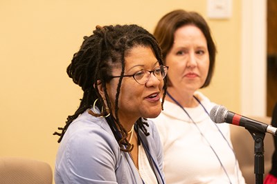 Nicole Gilmore, development director at MITRE Corp., shares real-life leadership lessons at the 2022 UML Women's Leadership Conference