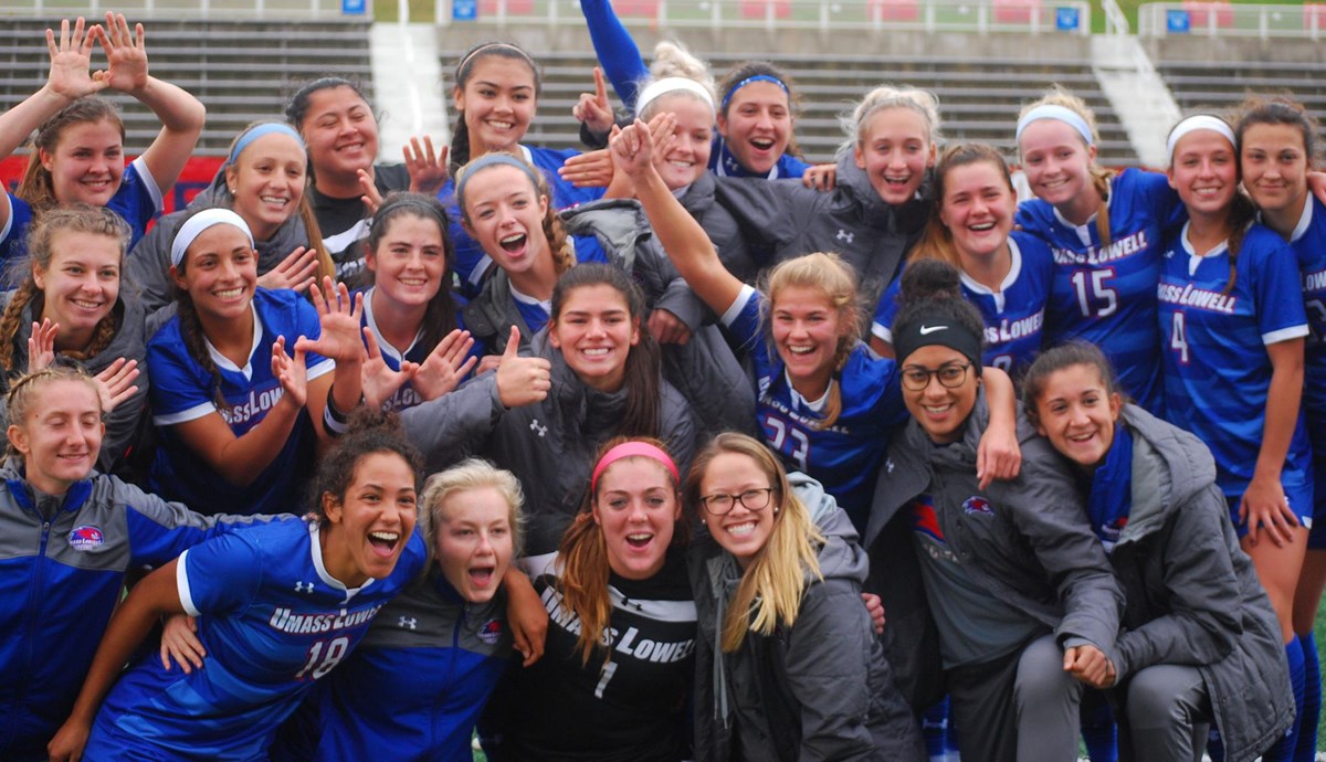 The River Hawks women's soccer team celebrates after the semi-finals