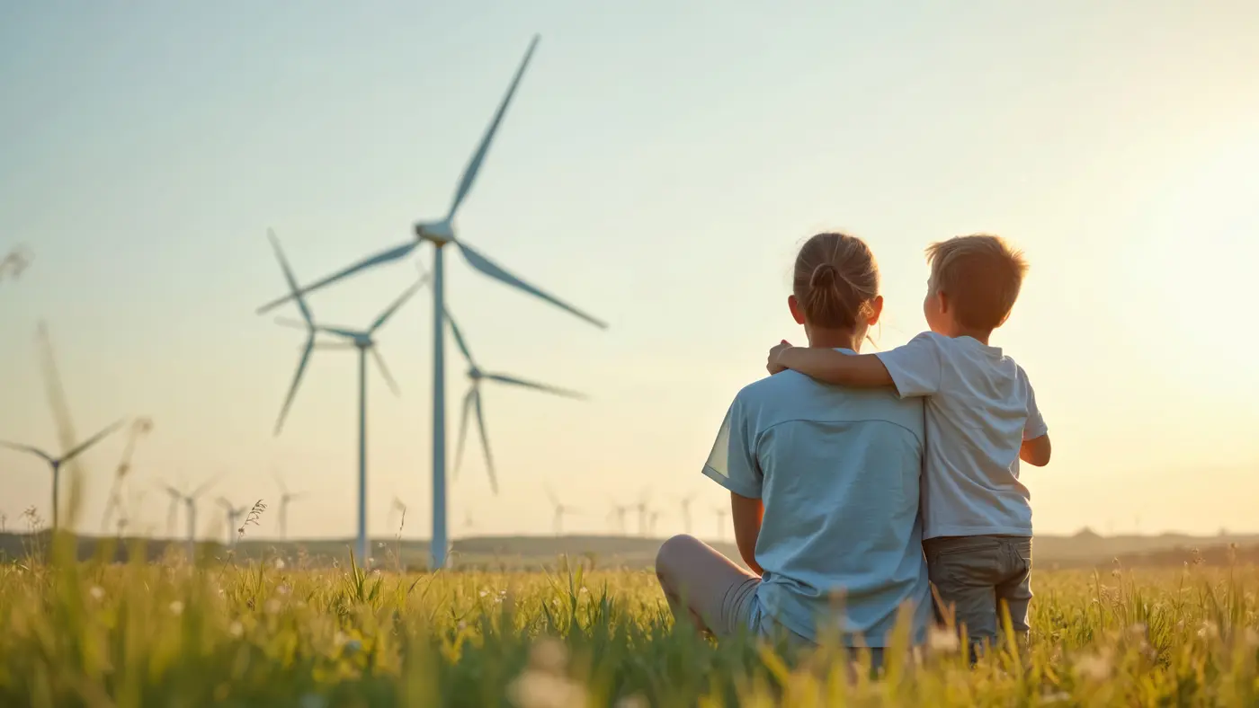 Woman and child in field looking out at windmills