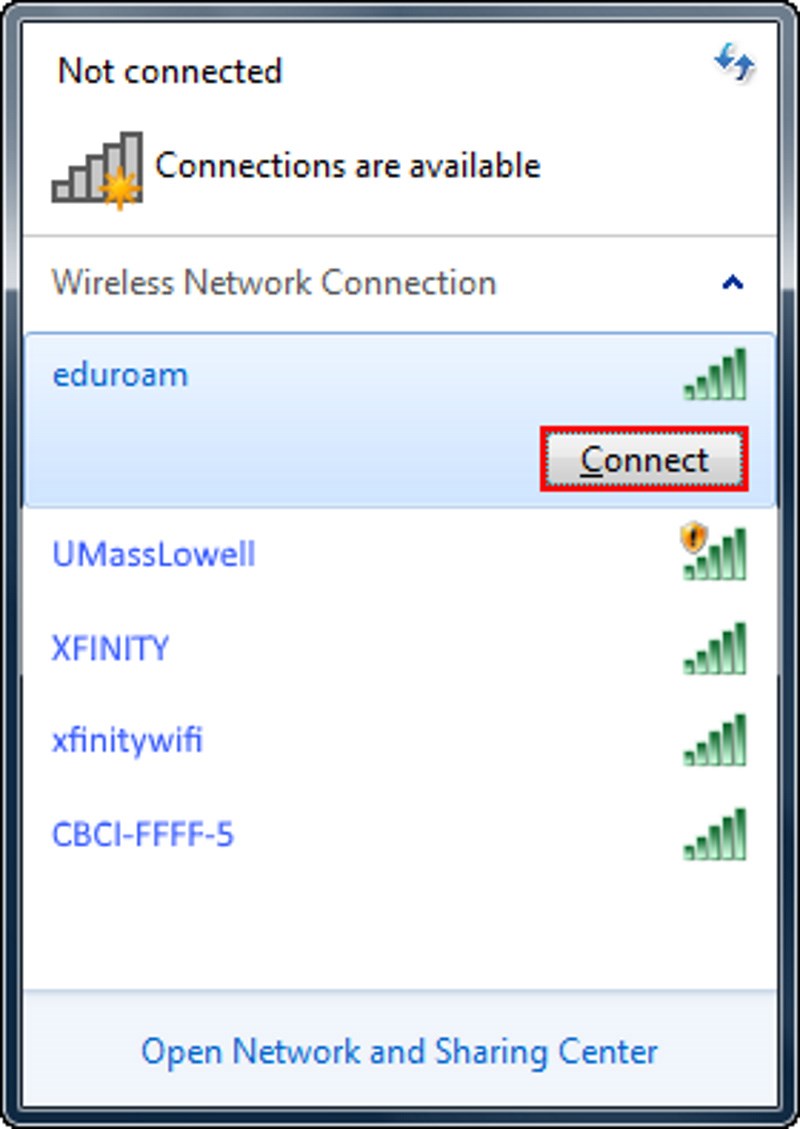 UMass Lowell eduroam WiFi Set Up – Windows 7 Note: These instructions are only needed if your Windows 7 PC is experiencing a problem connecting to the eduroam WiFi network. Step 1.	Turn on WiFi, select eduroam, and click Connect.