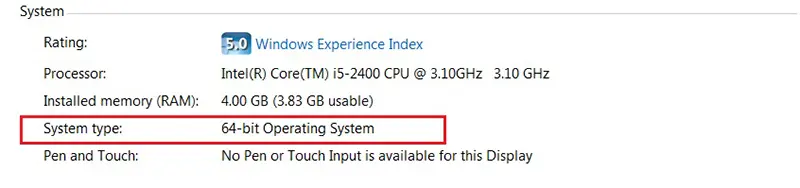 In this window, you will see System type, which displays the bit type of your PC