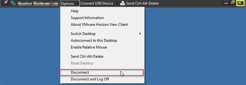 There are two ways to disconnect, select the X on the top right, or select the Options menu from the menu bar and then select Disconnect