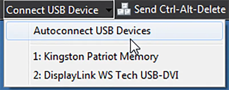 Clicking the Connect USB Device will show a drop down menu, select the USB device you want to connect from the list or select Autoconnect USB Devices to connect all the USB devices available