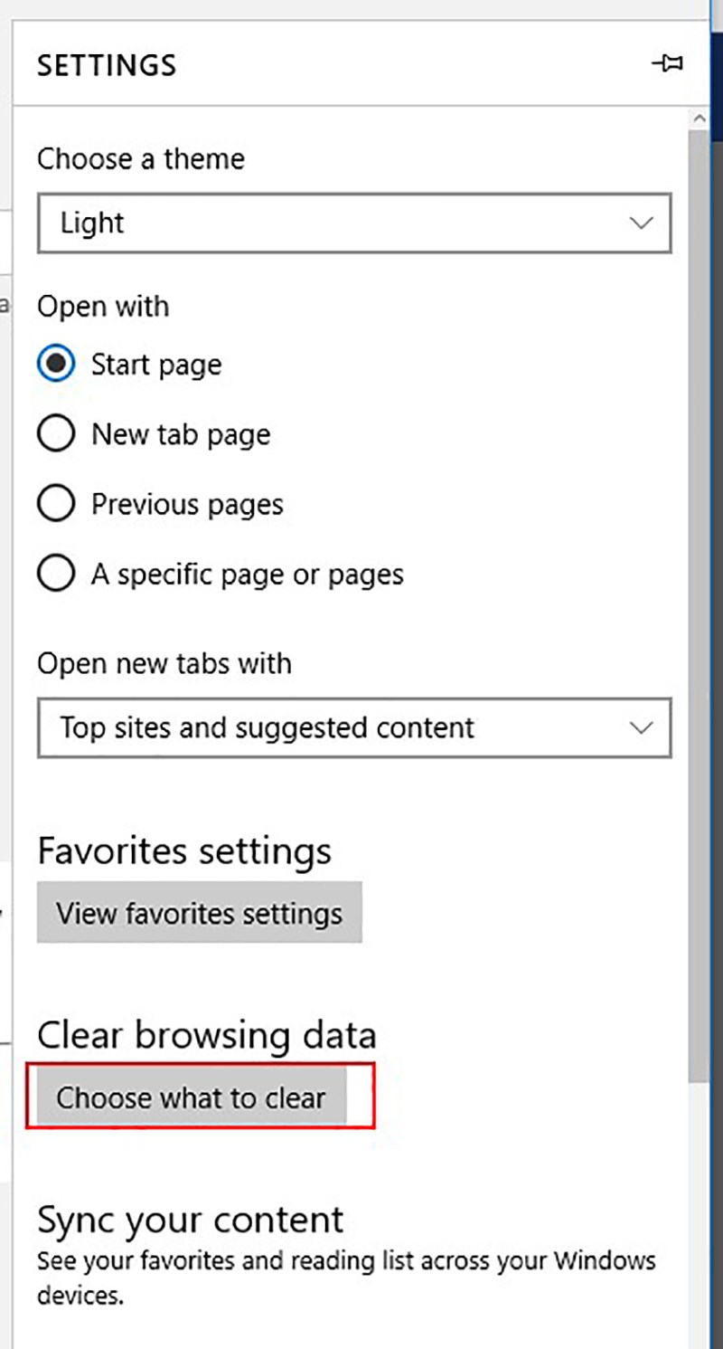 The settings pane will open, click on the Choose what to clear button in the Clear browsing data section