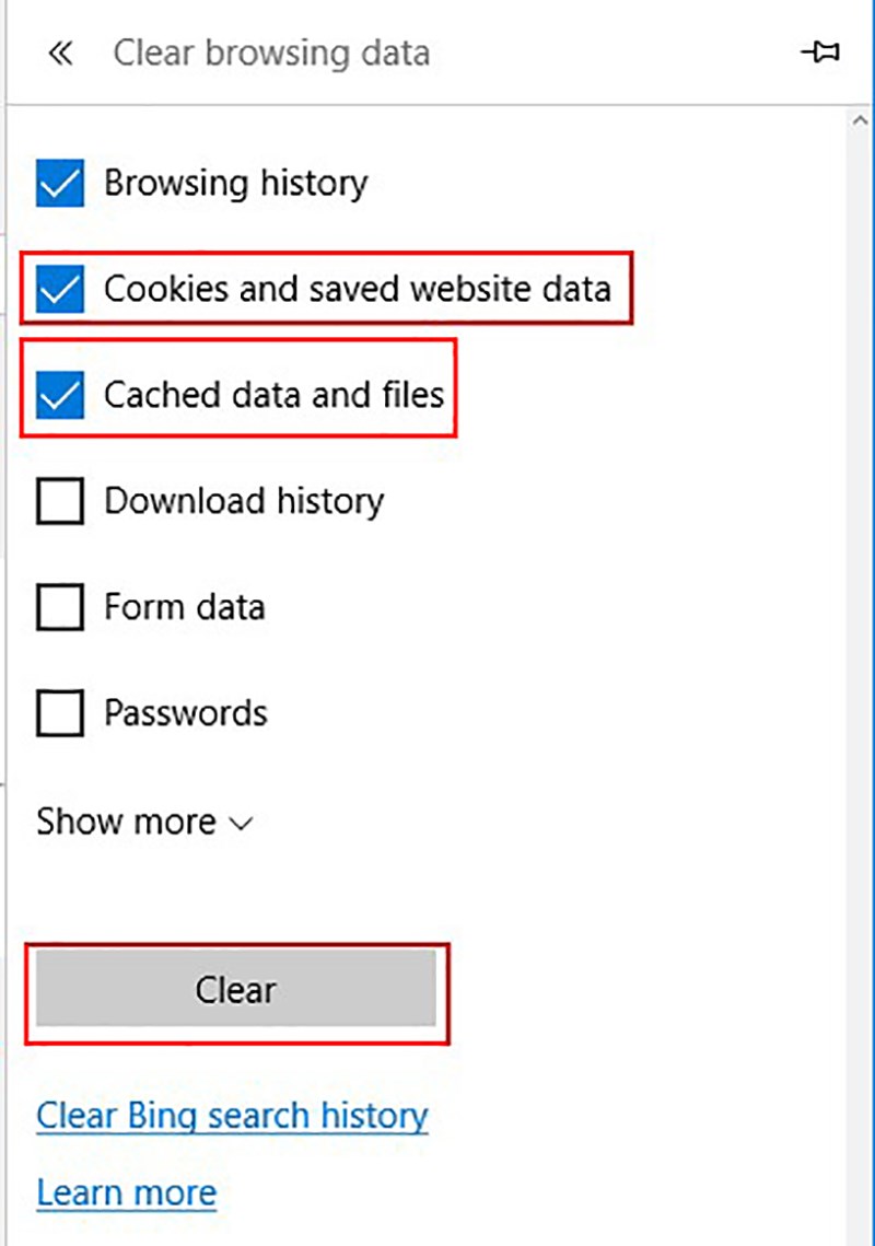 In the new pane that opens make sure that there are checks in the boxes for Cookies and saved website data and Cache data and files