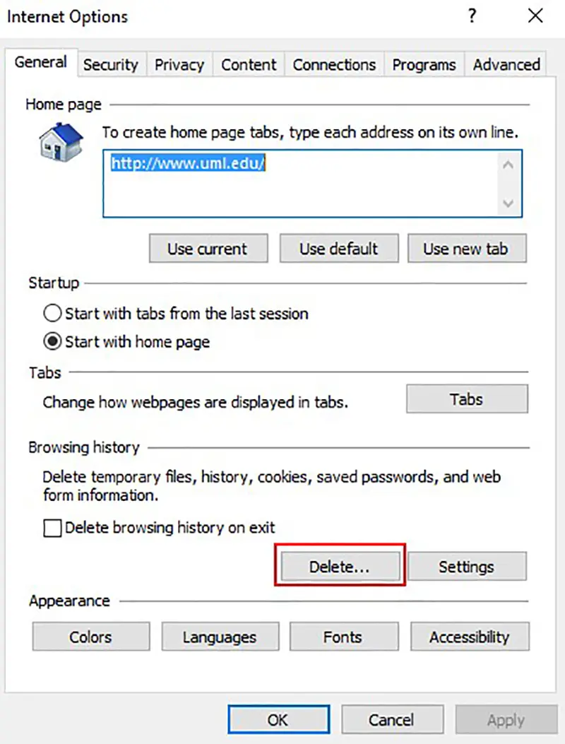 In the new window that opens, click on the Delete button in the Browsing history section
