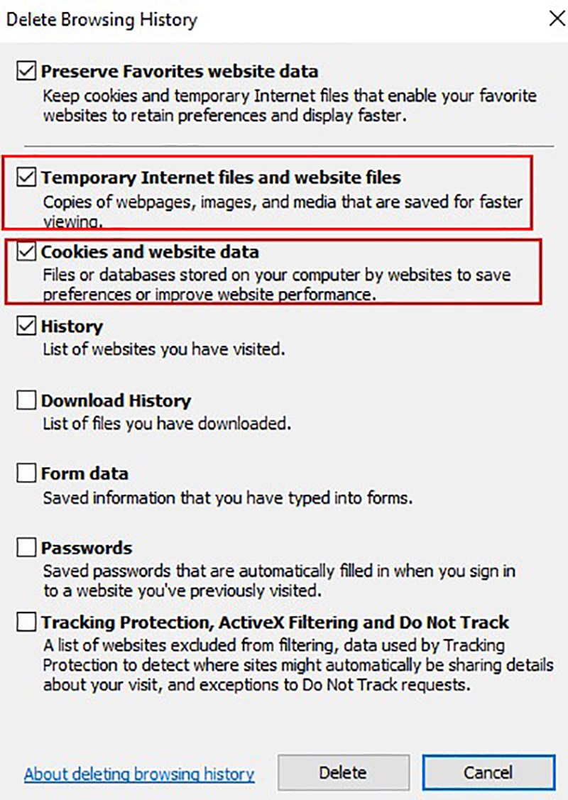 In the Delete Browsing History tab, make sure to check boxes for Temporary Internet files and website files and Cookies and website data