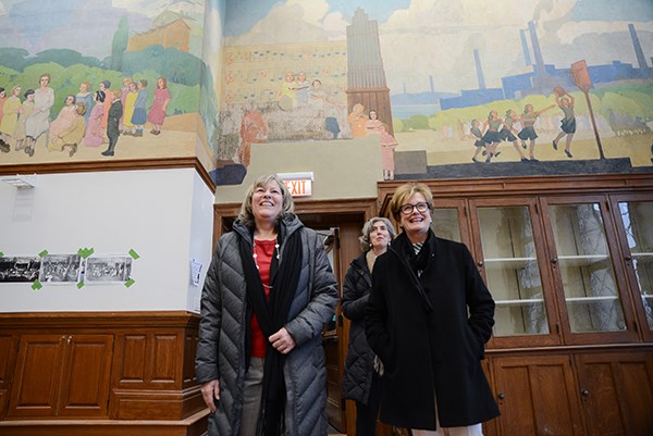 School of Ed Dean Eleanor Abrams, Prof. Marie Frank and Chancellor Jacquie Moloney admire the ballroom at Coburn