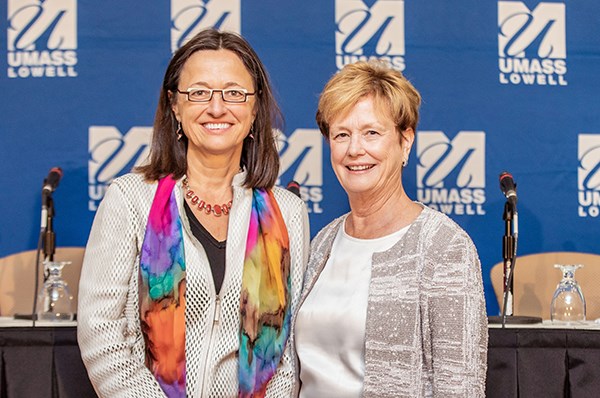Sophie Vandebroek, head of emerging partnerships at IBM, with UMass Lowell Chancellor Jacquie Moloney at the 2019 Women's Leadership Conference
