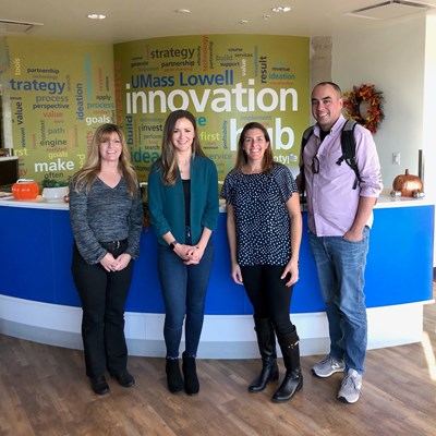 The iHub welcomed York IE for a program on financial planning. From left: iHub Lowell Associate Director Lisa Armstrong; Janelle Gorman, Chief Financial Officer at York IE;  iHub Haverhill Associate Director Stephanie Guyotte; and Colin Steele, Head of Content at York IE   