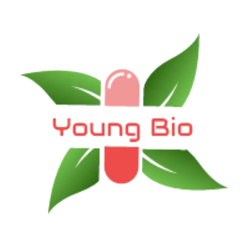 Young Biopharma logo with the words: Young Bio with a red bandage coming from the center and four green leaves from each corner of the words.