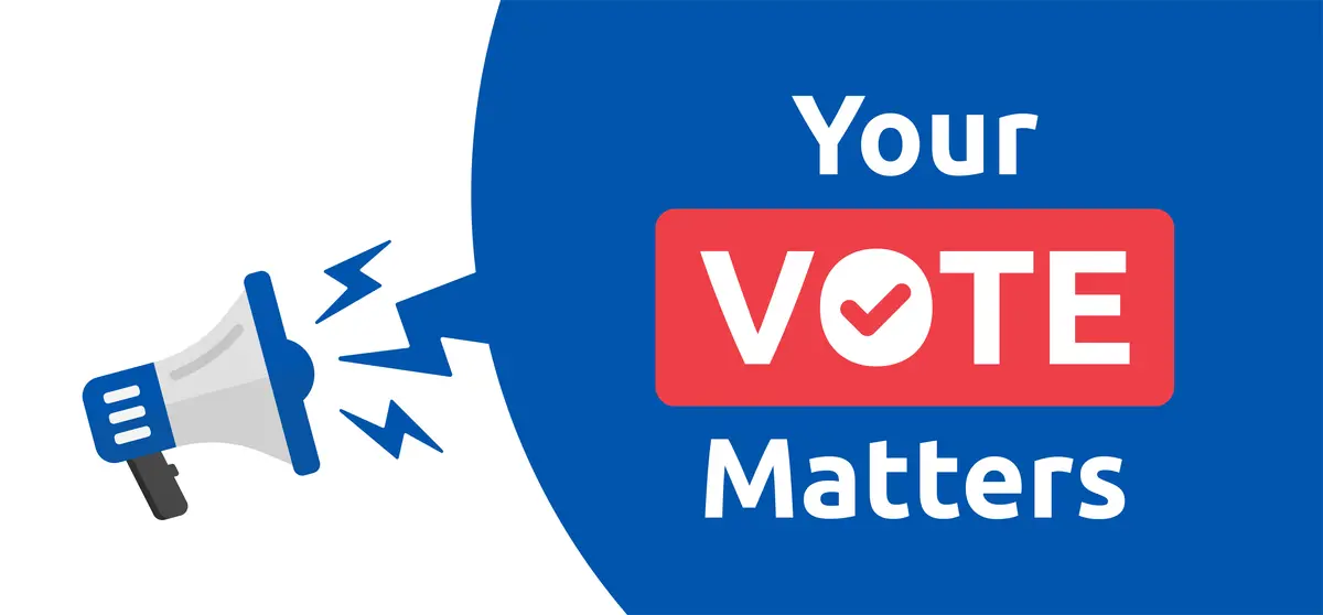 Megaphone with blue speech bubble saying: Your Vote Matters.
