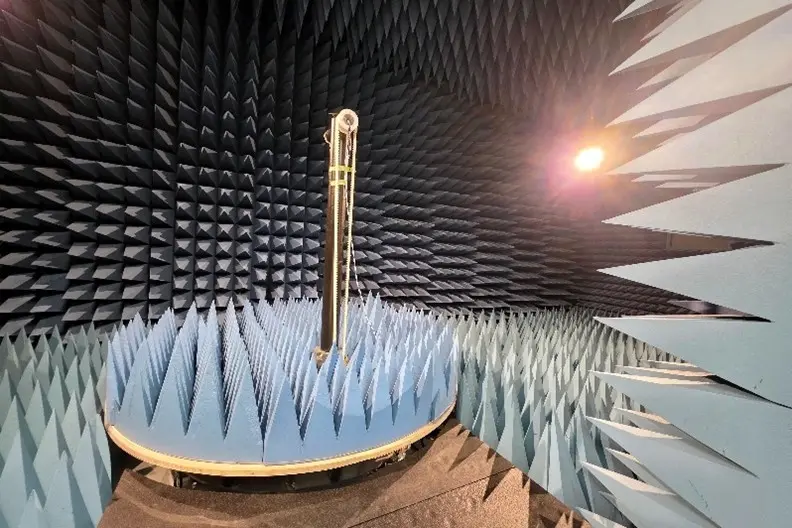 Anechoic Chamber for Radio Frequency Testing with spikes on wall and round turntable