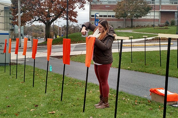Ashley Brown installing her art project on South Campus