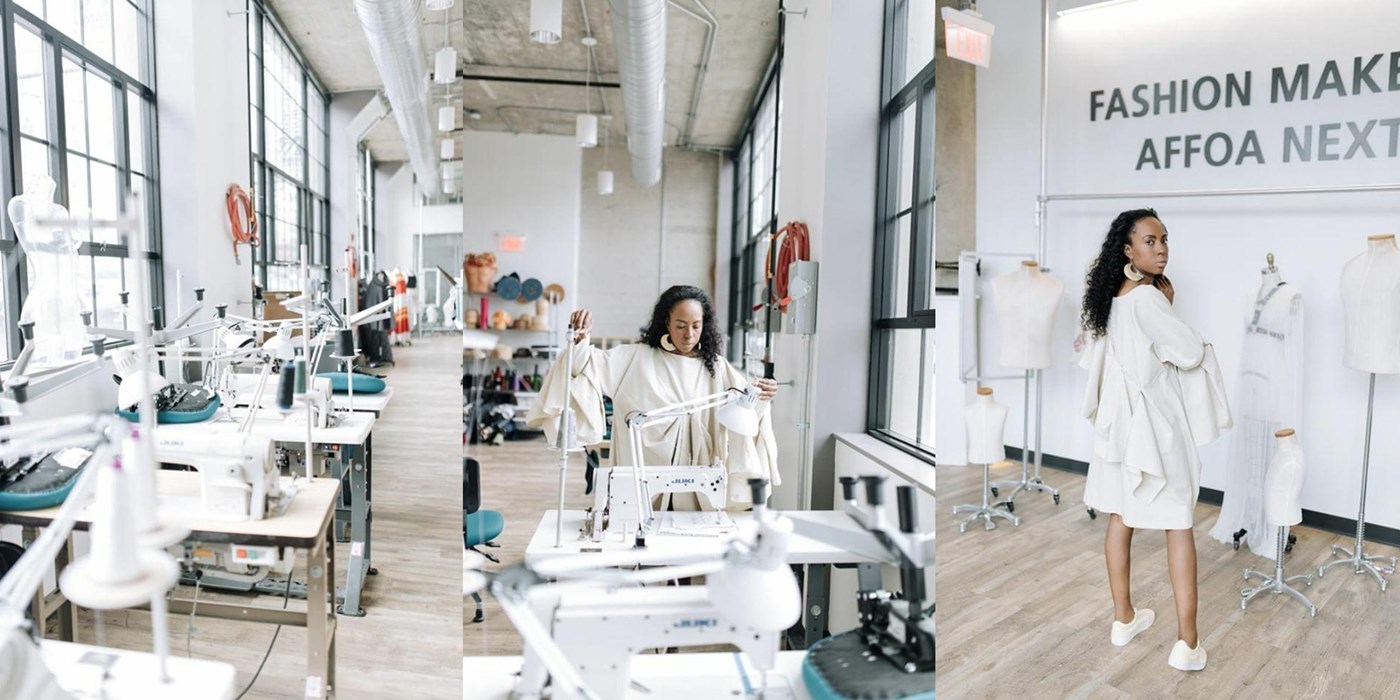 Three pictures stitched into one: a row of sewing machines, an artist at her workstation, and the same artist modeling a garment around mannequins.