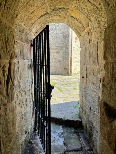 Iron gate in stone archway