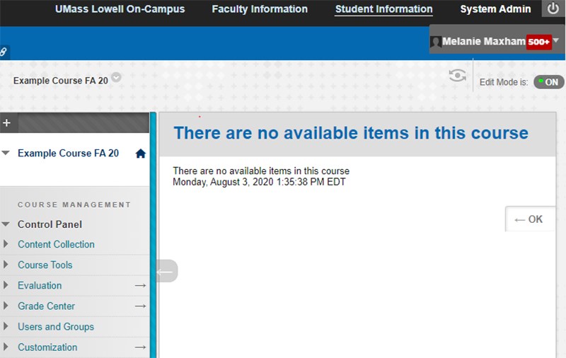 Blackboard Course example showing message: "there are no available items in this course". Content request is required.
