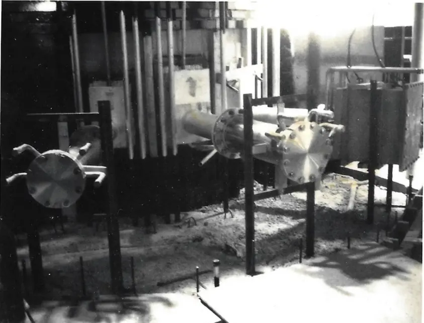 A construction phase image looking at the beamports before the concrete structure was poured.