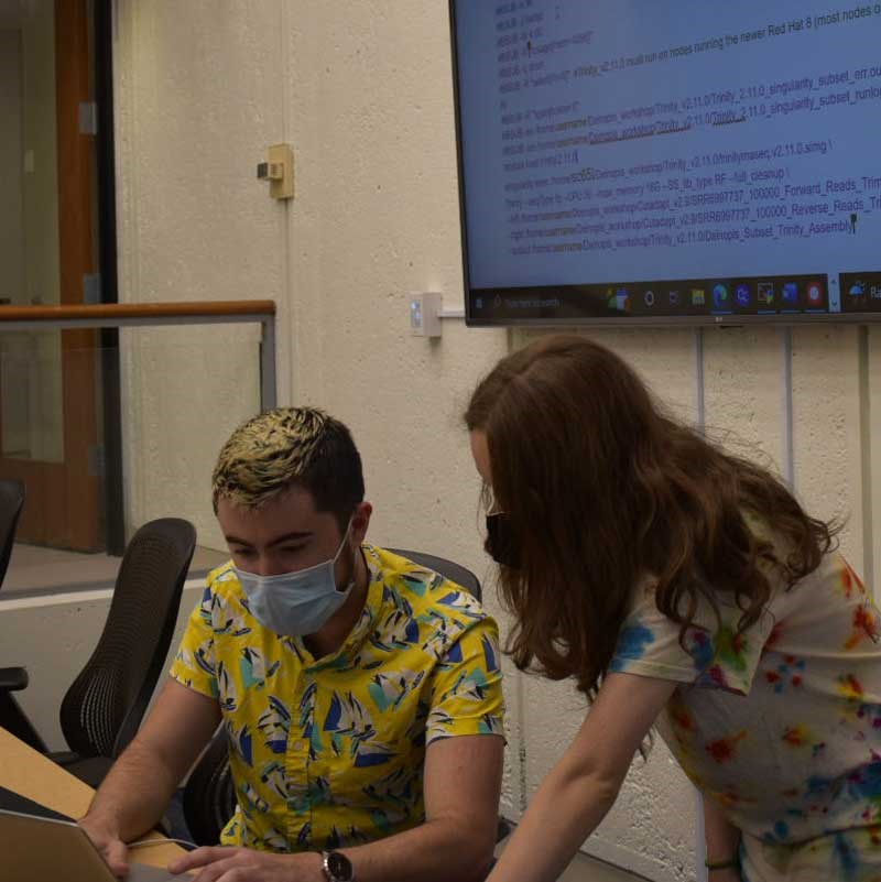 Two students wearing masks and looking at a laptop
